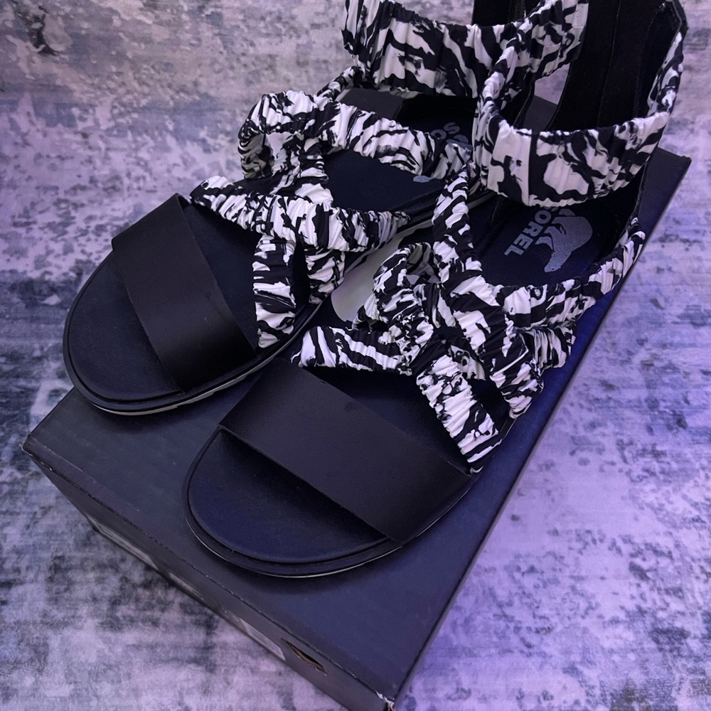 Sorel Black and White Botanical Sandals